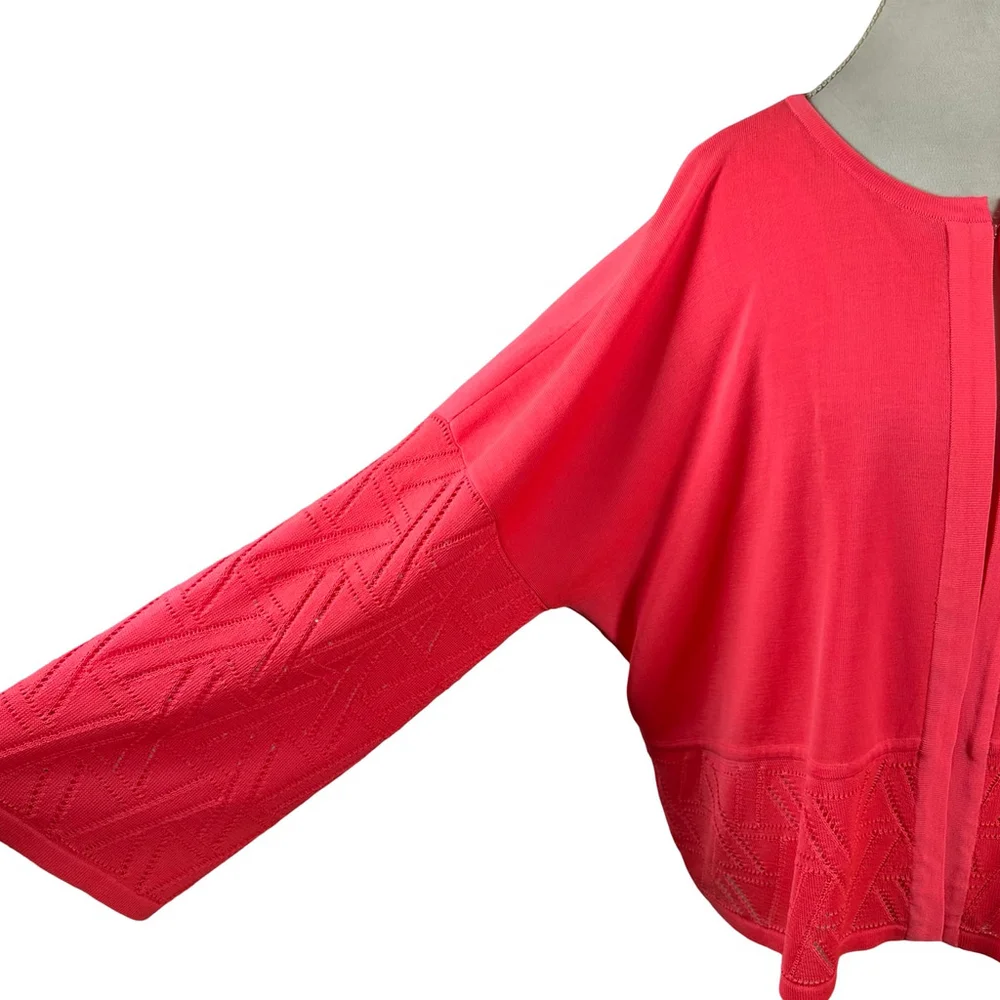 Misook Coral Pink Cardigan Diamond Cut-out Accents Boxy Artsy Chic Size XL